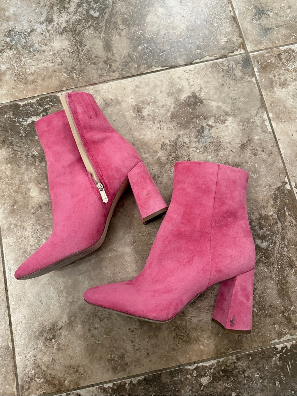 Sam Edelman Pink Suede Square Toe Block Heel Ankle Boots
